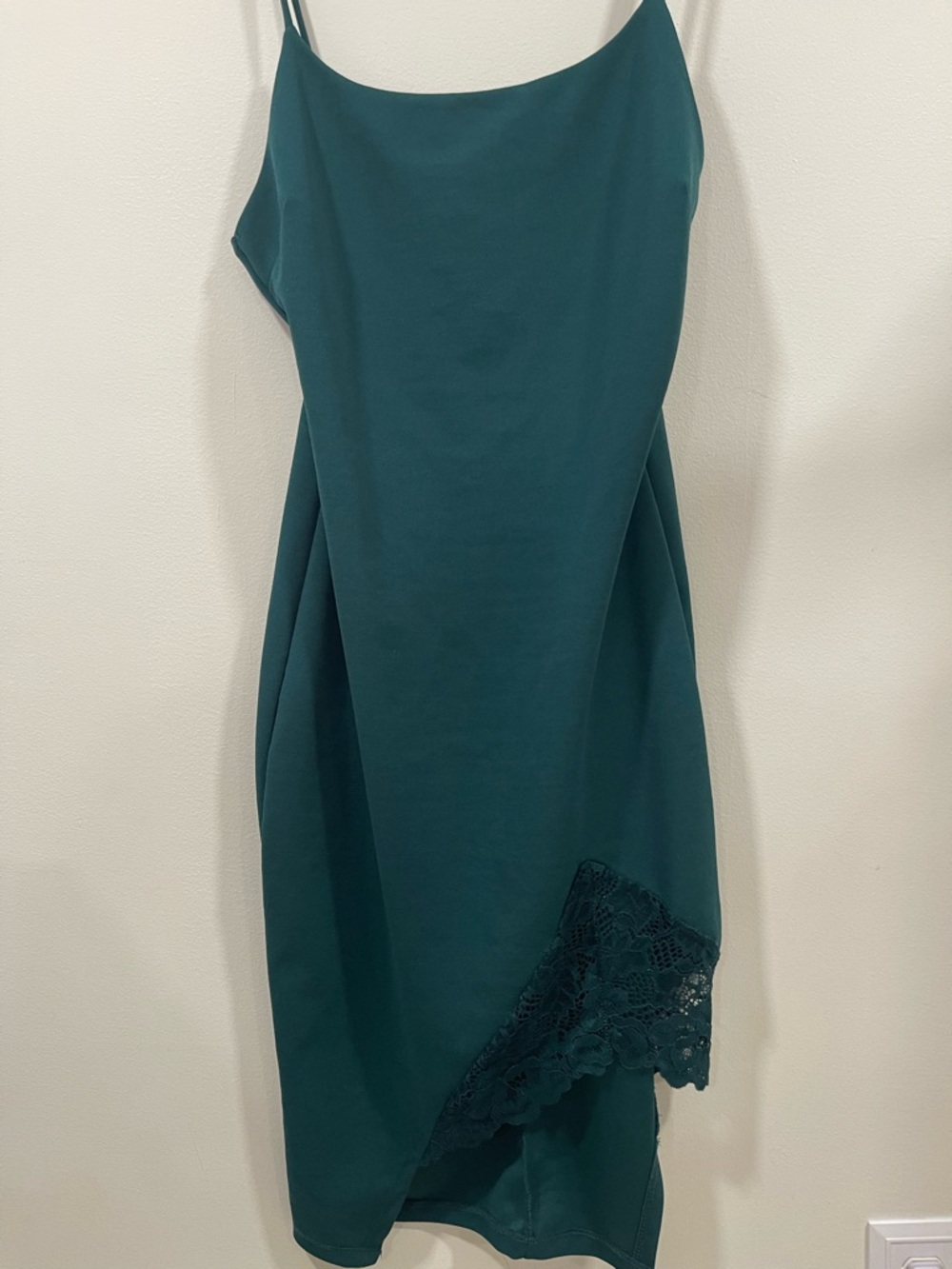 privy Teal Asymmetrical Slip Dress with Lace Hem